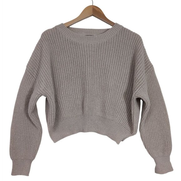 Debut Cropped Crewneck Sweater Womens S/M Beige Sequin Rib Knit Casual Everyday - Picture 1 of 9